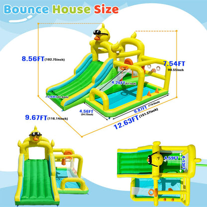Baralir Duck-Themed Inflatable Bounce House with Extra Wide Slide & Climbing Wall, Basketball Hoop, Ring Toss, Punching Bag, 2-in-1 Splash Pool/Ball Pit - Indoor/Outdoor Jumping Castle for Toddlers