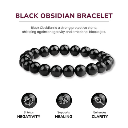 Crystal Vibe Black Obsidian Bracelet - Healing Crystal Bracelet for Spiritual Healing Positive Energy Stress Relief– 8mm Round Black Beaded Bracelets for Women Men - Elastic Adjustable Size