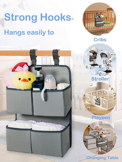 KIKJOK Hanging Diaper Organizer for Crib/Playpen/Bassinet – Hold 80+ Diapers - 4 Deep Pockets-H19in x L15 in Changing Table Diaper Holder - Hanging Diaper Storage Stacker Nursery Caddy - Gray