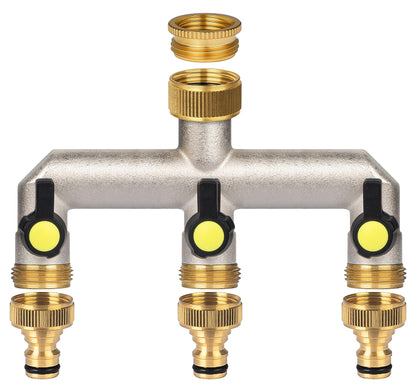 Anstore Garden Hose Splitter, 3/4" Water Hose Splitter 3 Way Heavy Duty with 3 Black Handle, Brass Nickel Plated Outdoor Faucet Splitter Water Spigot Splitter Manifold Rust and Freeze Resistant