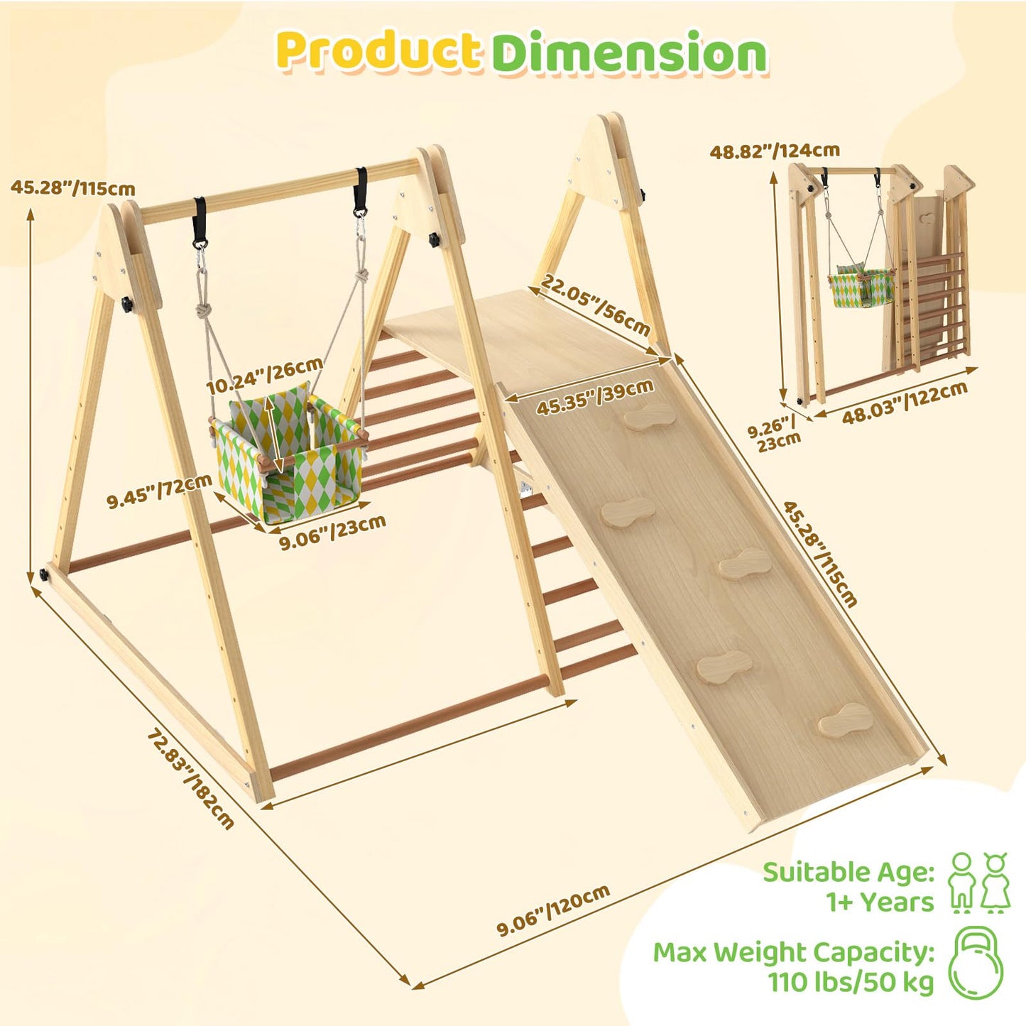 OLAKIDS Indoor Jungle Gym, 3 in 1 Wooden Foldable Montessori Toddler Climbing Toys with Adjustable Baby Swing Ramp Ladder