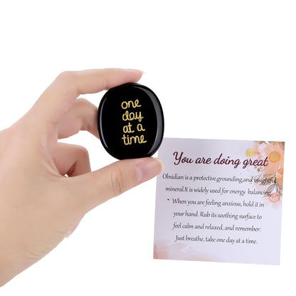 QINJIEJIE One Day at A Time Black Obsidian Worry stone Healing Crystal Thumb Stone Thinking of You Gifts for Anxiety Relief Items You Got This Inspirational for Friend Encouragement Gift for Women Men