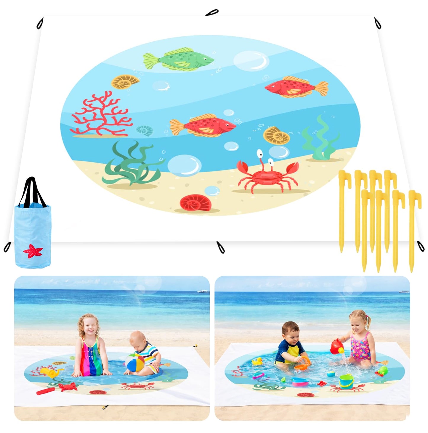 Baby Beach Pool，Kiddie Pool and Beach Blanket，2 in 1 Toddler Paddling Pool，Beach Toys for Infant Kids Boys and Girls with Portable Water Bag