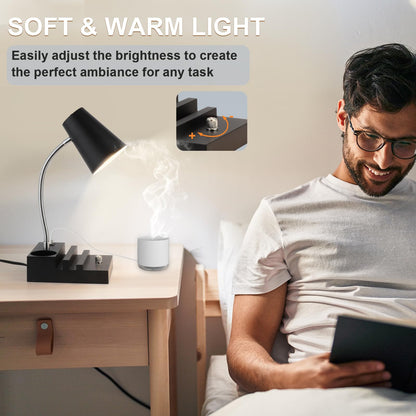 LALISU Study Desk Lamp with USB Charging and Type-C Night Light, Gooseneck LED Table Lamp Stepless Dimming Study Table Lamp with Pen Holder for College Dorm Bedroom and Office (Black)
