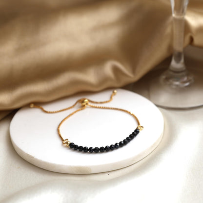 Gempires Midnight Blue Sapphire Beaded Bracelet, Birthstone Bracelet, September Birthstone, Bolo Beads Bracelet, Gift for Her, 14k Gold Plated Chain (6-9inch Adjustable Length)