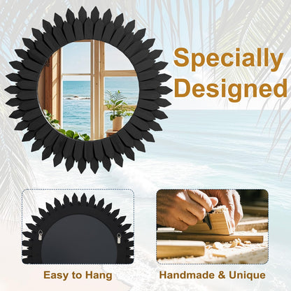 VETROVUE 24 Inch Black Boho Wall Decor Sunburst Mirror - Round Wooden Wall Decor, Handmade Rustic Circular Mirror for Living Room, Bedroom, Entryway, Office