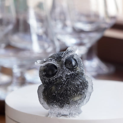 OwMell Owl Statue Tumbled Stone Gemstone Owl Figurine Home Decor Shelf Decor 2.5" - Black Obsidian
