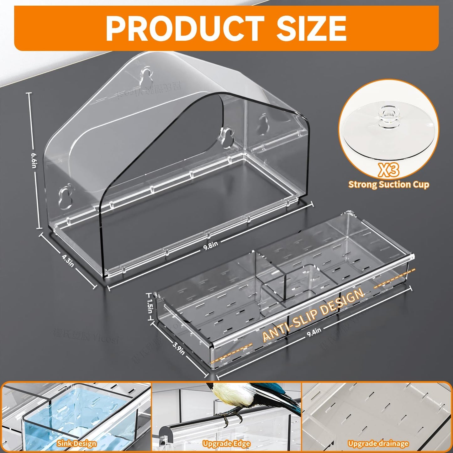 Yieach Clear Bird Feeders for Window Viewing,Acrylic Window Bird Feeders with Strong Suction Cups for Cats,Kid and Birds Lovers Gifts,Large Window Mount Birdfeeder,Birds House for Outdoors,Balcony