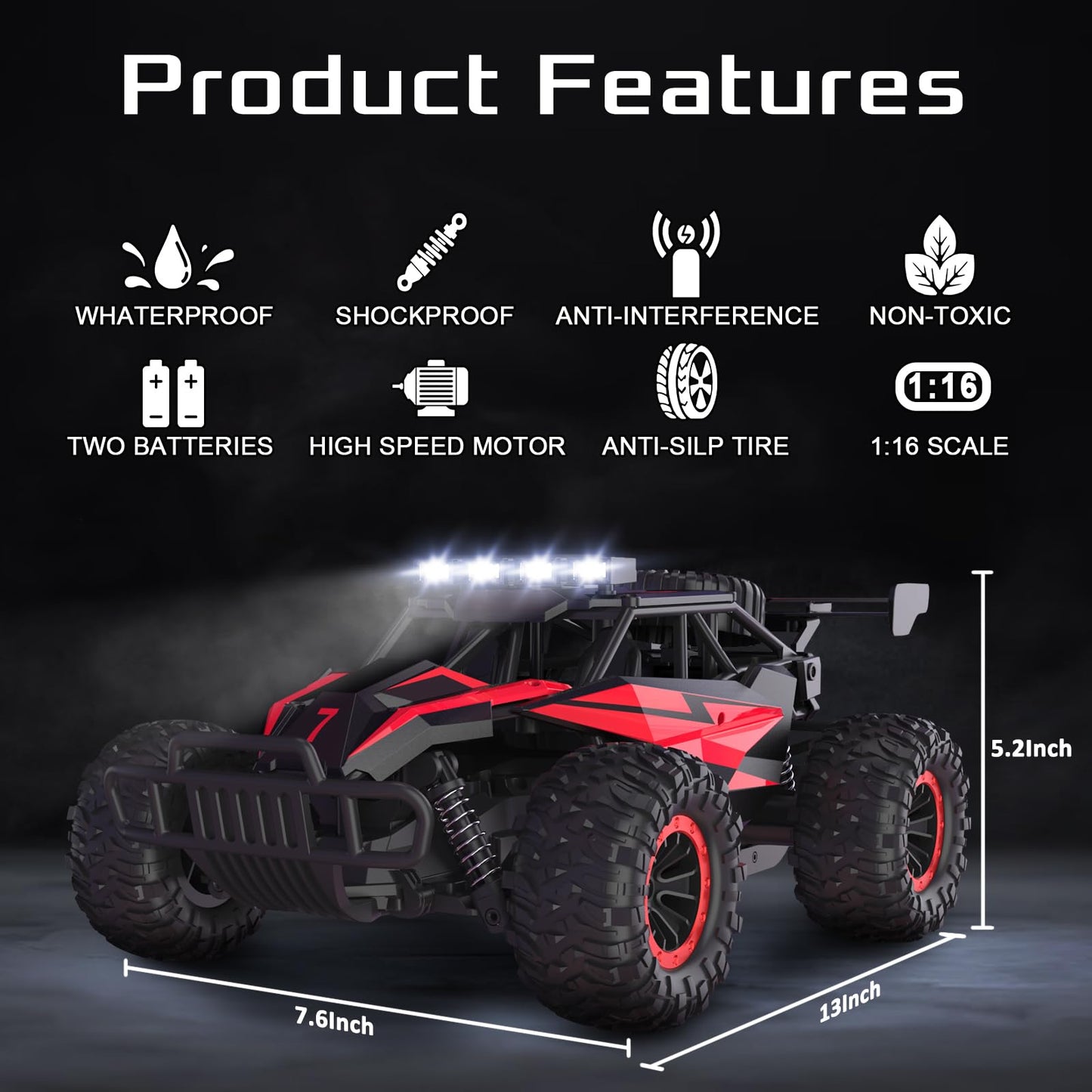 LARVEY 1:16 Scale Remote Control Car, 20 Km/h High Speed Remote Control Truck Off Road RC Monster Vehicle with LED Headlights and Chassis Lights, Electric Toy for Boys Kids and Adults