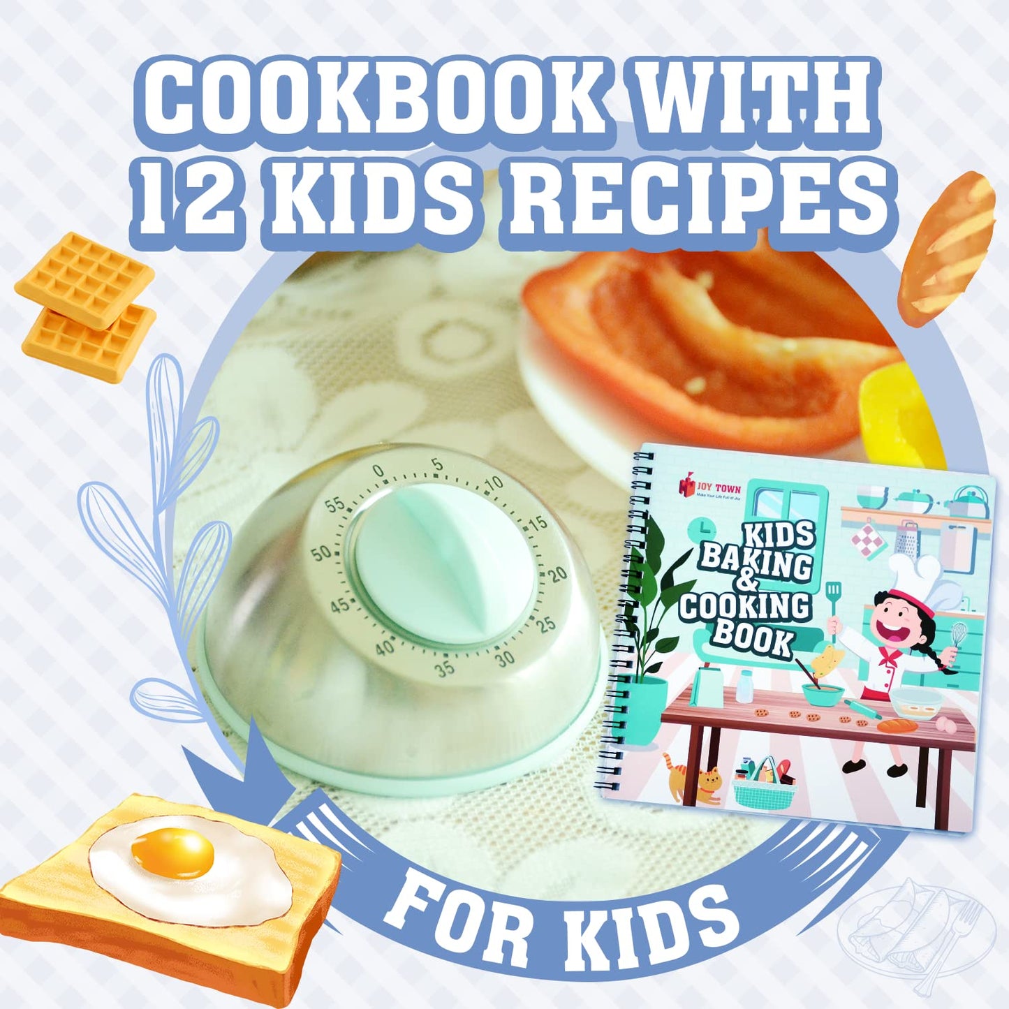JoyTown Kids Cooking and Baking Set with Storage Case – Real Cooking Supplies with Cookbook, Knives, Timer, Kids Baking Kit for Girls & Boys – Complete Utensils Accessories with Chef Apron & Hat