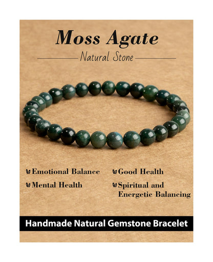 Landorilo Beaded Bracelet for Men Women, 6mm Natural Stone Moss Agate Healing Crystal Stretch Bracelets, Ideal Christmas Birthday Jewelry Gifts with Energy Card，Replacement Beads Included