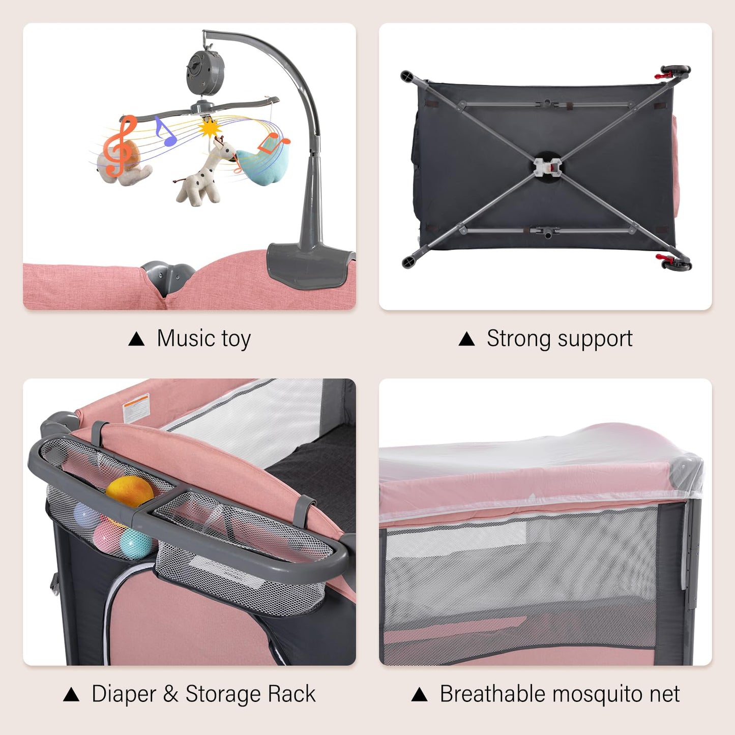Soobaby 5 in 1 Baby Crib,Baby Bassinet, Bedside Cribs, Pack and Play with Changing Table, Portable Travel bedToys & Music Box,Mattress for Girl Boy Infant Newborn (Pink)