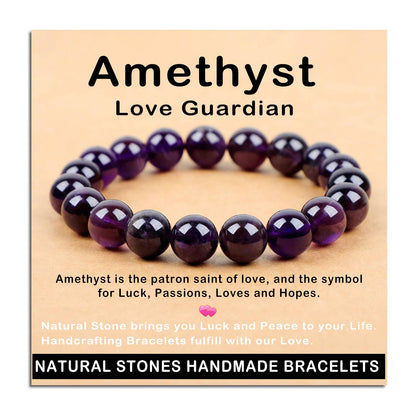 AD Beads Handmade Gemstone Stretch Elastic Bracelet Crystal Healing Reiki Nature's Beauty and Spiritual Essence Unisex (10mm, Amethyst (Love Guardian))
