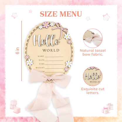TTMerriwood Baby Announcement Sign with Stand & Marker – Hello World Wooden Name Plaque for Newborn Photoshoot, Baby Shower, Rustic Keepsake Birth Stat Sign for Hospital Birth Announcement (Light pink ribbon)