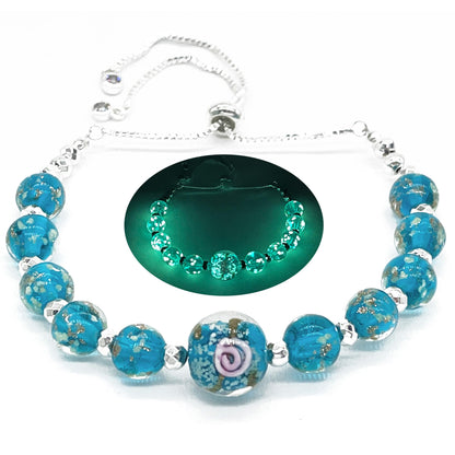 ARTSY CRAFTS INC Glow in The Dark Firefly Beads Bracelets Necklaces, Murano Glass Beads Crystal Birthstone Beaded Jewelry Adjustable Slider Chain (Bracelet-Teal)
