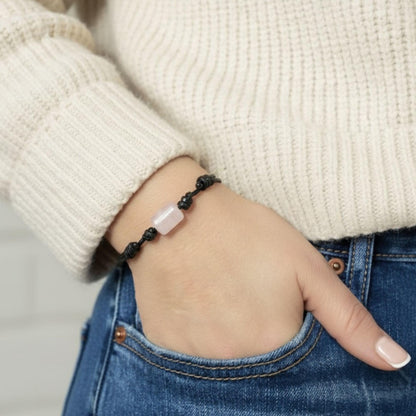 Luck Strings Rose Quartz Bracelet for Men and Women Adjustable Vegan Cord Unisex Pink Cylinder Gemstone Bead Minimalist Bracelet Chakra Inspired Meditation Gift