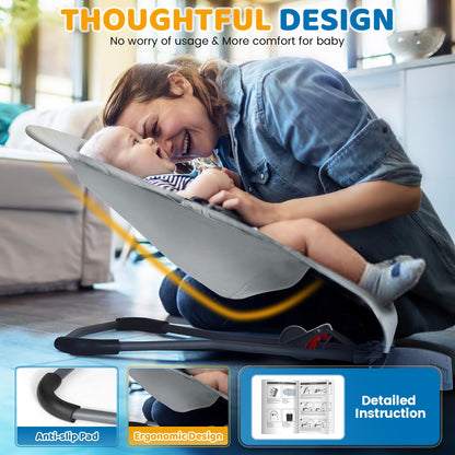 Orzbow Portable Baby Bouncer, Foldable Baby Bouncer Seat with Removable Play Bar, 3 Recline Positions, Infant, 0-12 Months Up to 20 lbs, Ergonomic Design, Easy to Assembly, Grey