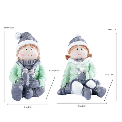 Brizoria Christmas Mini People Figurines Set of 2 Boy and Girl Winter Decorations Indoor Resin Little People Figures Miniature Figurines for Holiday Tabletop Diorama Crafts