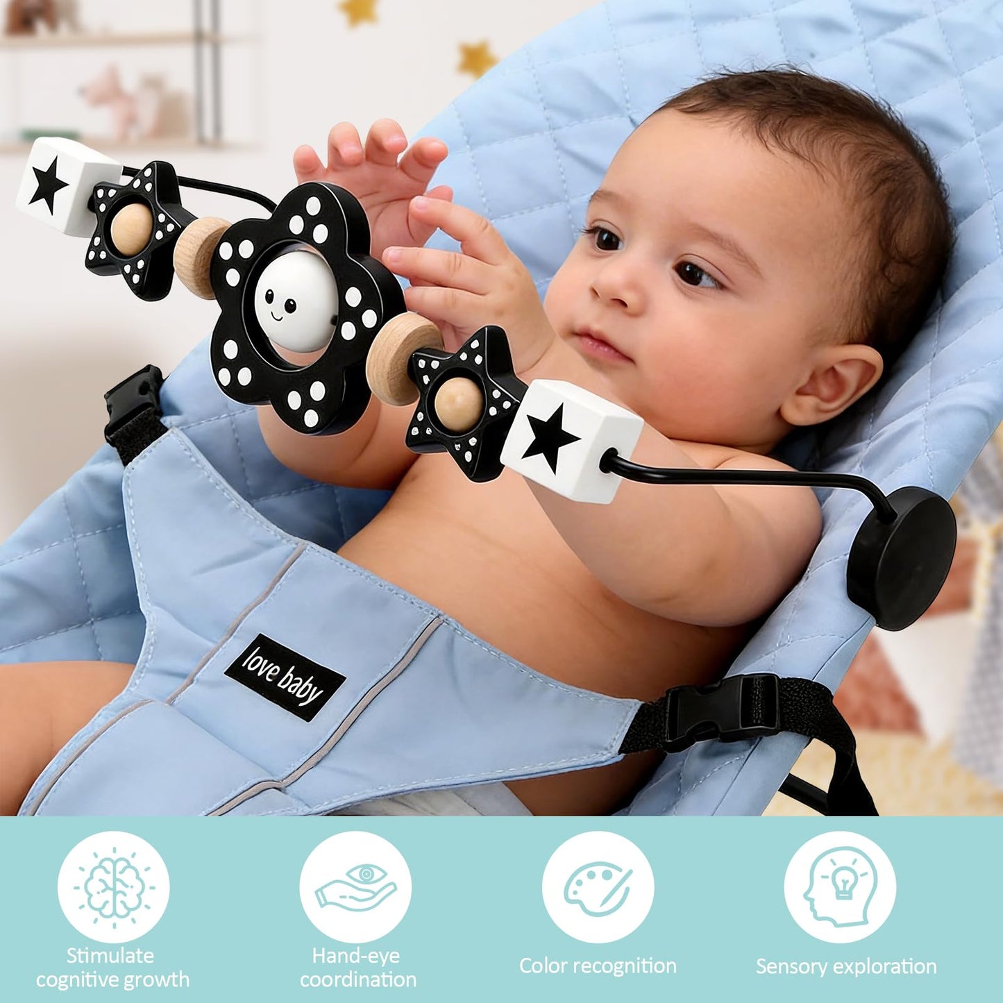 Welgep Wooden Baby Bouncer Toy Bar Attachment, Sensory Toy for Newborn to Toddler Boys Girls, Easy Install & Remove, Baby Bjorn Compatible (Black)