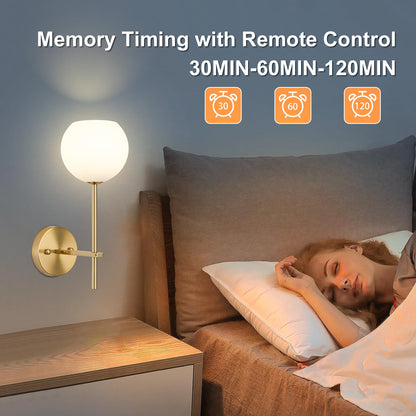 Gold Battery Operated Wall Sconces Set of 2, Rechargeable Wireless Wall Lights with Milky White Frosted Glass Shade, 12 RGB and 3CCT Dimmable, Wall Lamps with Remote for Bedroom Living Room Hallway