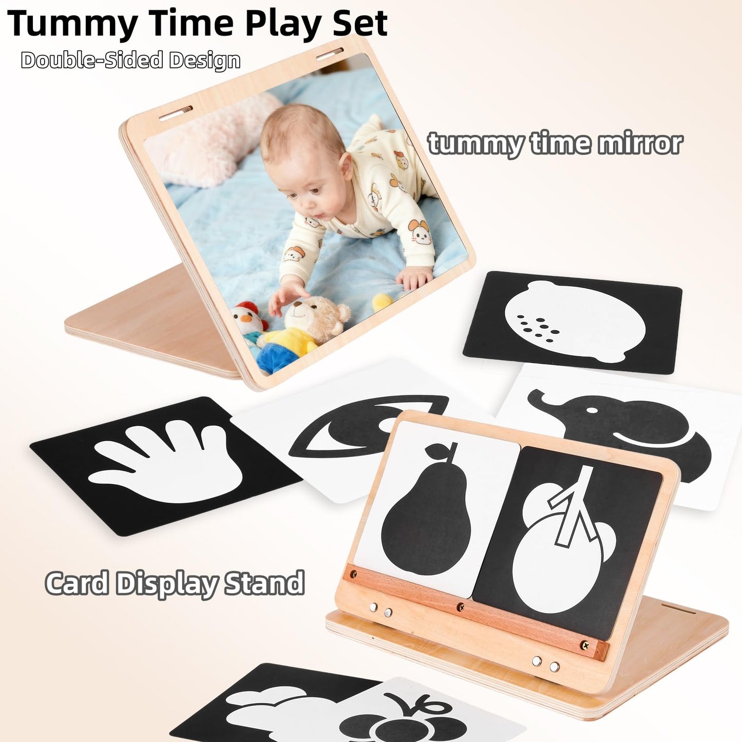 juhg Tummy Time Mirror Large Baby Mirror Toy and Card Display Stand with Black and White High Contrast Baby Cards Double-Sided Design Adjustable Angle Montessori Mirror