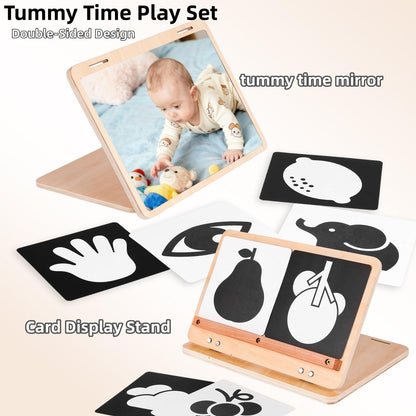 juhg Tummy Time Mirror Large Baby Mirror Toy and Card Display Stand with Black and White High Contrast Baby Cards Double-Sided Design Adjustable Angle Montessori Mirror
