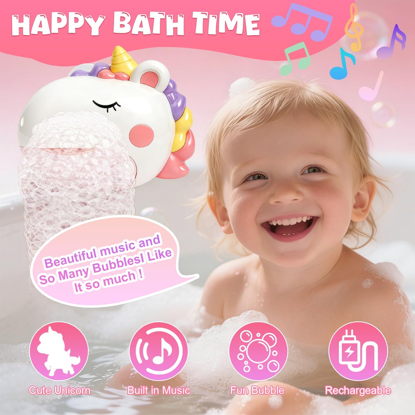 Baby Bath Toys, Unicorn Rechargeable Bath Bubble Machine, Automatic Bubble Maker with 12 Music, Bathtub Shower Water Toys, Toddlers Gifts for Girls Bathroom Toys Kids Ages 1-3 4-8