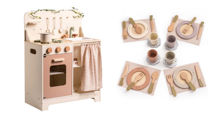 ROBOTIME Play Kitchen with Dishes Set, Rustic Wooden Kitchen Pretend Play Kitchen, 29PCS Wooden Toy Plates and Dishes for Kitchen Set for Toddler Boys Girls Gifts