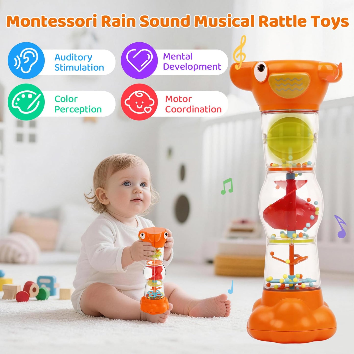 Montessori Baby Toys for 6-12 Months 1 Year Old,Rain Stick Baby Rattle Shaker Infant Sound Toy 9.8” Rainmaker Musical Sensory Tummy Time Toys for 6 7 8 9 10 Months Newborn Toddlers Gifts-Orange