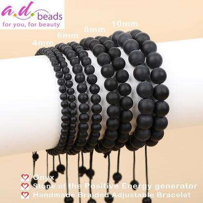 AD Beads 4mm Matte Onyx - Positive Energy - Handmade Natural Stone Crystal Bracelet with Adjustable Macrame String - Yoga Healing Power Energy Gifts for Men and Women