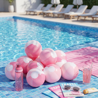 Realspring 12 Pcs Pastel Inflatable Beach Balls Kids Bulk Stripe Jumbo Big Beach Balls Pool Floating Toy for Adult Water Game Baby Shower Birthday Summer Swimming Party (Pink and White,10 Inch)