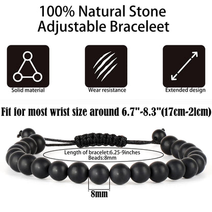 QOGIR Handmade Healing Bracelets, 8mm Matte Black Onyx Bracelet Black Beaded Bracelets for Men Women with 2PCS Size Adjustable Rope Bracelets