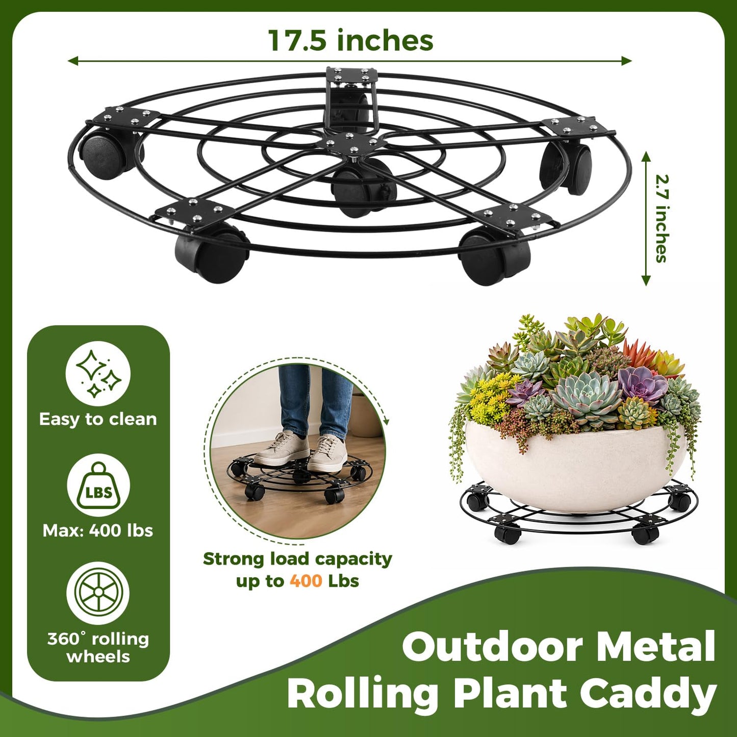 3 Packs 13.5" Large Metal Plant Caddy with Wheels Iron Metal Rolling Plant Stands Heavy-duty Plant Roller Base Pot Movers Indoor Outdoor Plant Dolly with 5 Casters Plant Trolley Coaster Holder