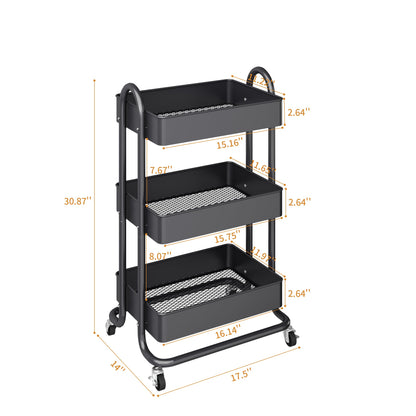 MIOCASA 3-Tier Metal Utility Rolling Cart, Heavy Duty Multifunction Cart with Lockable Casters, Easy to Assemble, Suitable for Office, Bathroom, Kitchen, Garden (Dark Gray, 3-Tier-Metal)