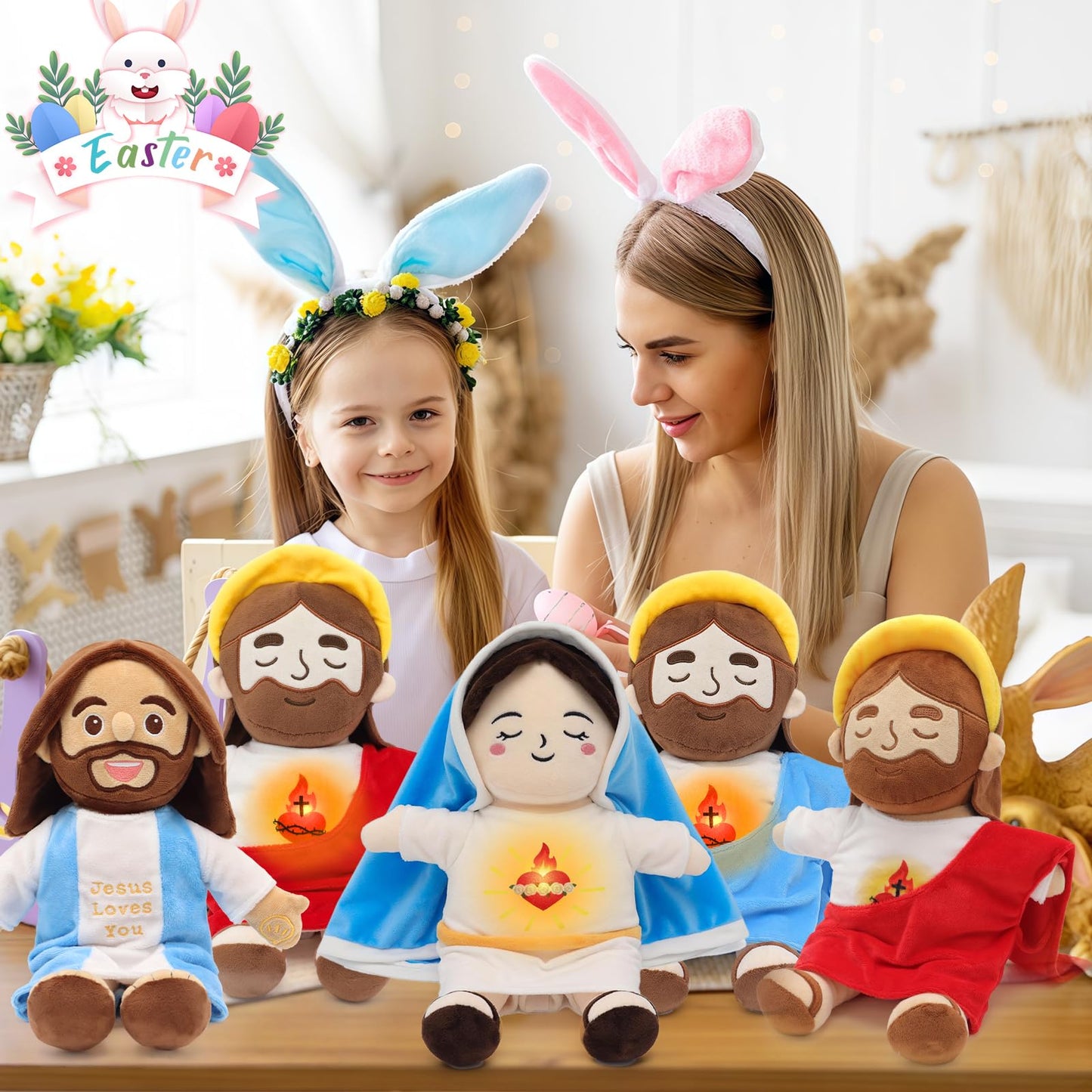 Yelakey Soothing Jesus Plush Toys with Light & Sound, 15" Jesus Stuffed Breathing Plushy Doll, Christian Catholic Religious Plushie Christmas Easter Gifts for Kids Baby (Red)