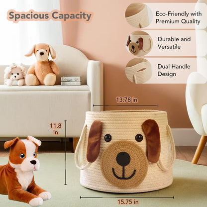 Large Dog Woven Basket with Handles - Toy Storage Bin, Baby Gift & Animal Nursery & Cute Laundry Basket, for Clothes, Towels, Toys (Dog)