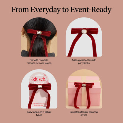Kitsch Velvet Bow Hair Clip with Gemstone – Red Duckbill Hair Clips for Women | Lightweight, Comfortable, Secure Hold | Perfect Hair Accessories, Gifts for Women