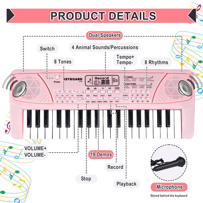 M SANMERSEN Upgraded 37 Key Kids Piano Keyboard with Microphone Music Toys for 3 4 5 6 Year Old Girls Gifts, Pink
