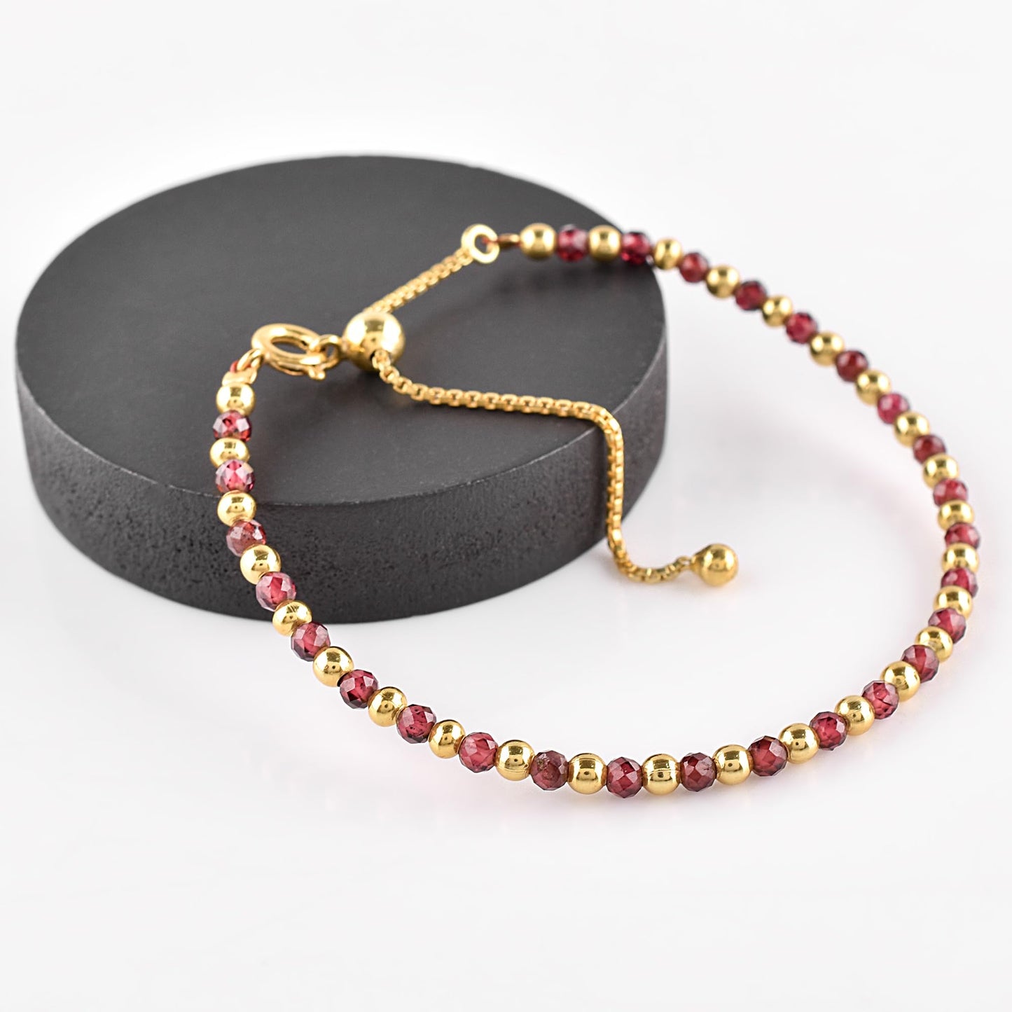 QNAVIC Red Garnet Dainty Slider Link Bracelet For Women, Chakra Healing Crystal Gemstone January Birthstone, Gold Plated Ball 6-8 Inches Adjustable Christmas and Birthday Gifts for Her