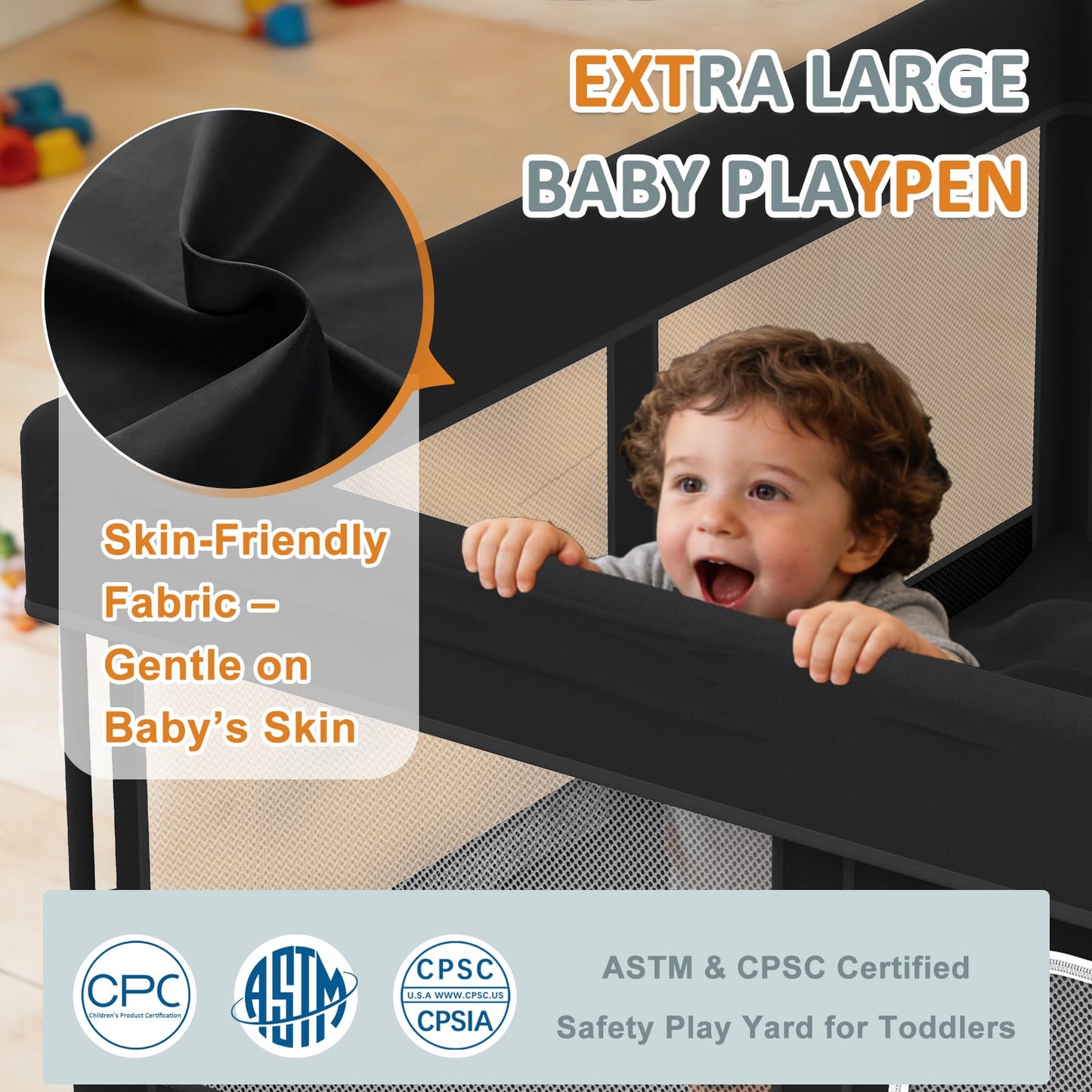 Foldable Baby Playpen, 50"×50" Play Yard for Toddlers, Portable & Collapsible Playpen with Gate, ASTM & CPSC Certified, Skin-Friendly & Breathable Mesh, Ideal for Indoor & Outdoor Use with Bag