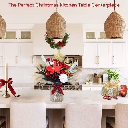 RyddeligHome Christmas Centerpieces for Tables in July, Holiday Table Decor, 100pcs Christmas Floral Arrangements in Vase, Pottery Xmas Decorations, Artificial Poinsettia Red Berry Pine Branches