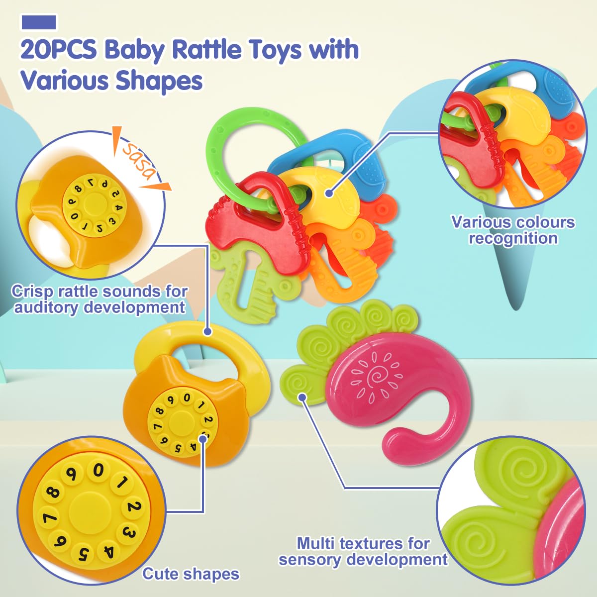 RUIDYA 20PCS Baby Rattles Toys Set, Baby Toys 3-6 Months, Infant Grab and Shake Rattle, Sensory Teether, Learning Toy for 0 1 2 3 4 5 6 7 8 9 10 11 12 Month 1 Year Old Newborn Boys Girls