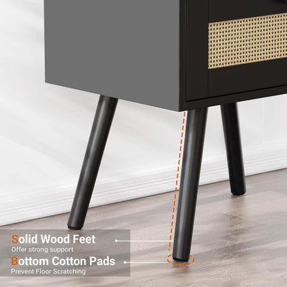 SUPERJARE Nightstand with Charging Station & Rattan-Like Decor Drawer, Rattan End Table with Solid Wood Feet, Bed Side Table with Open Storage, for Bedroom, Living Room, Dormitory - Black