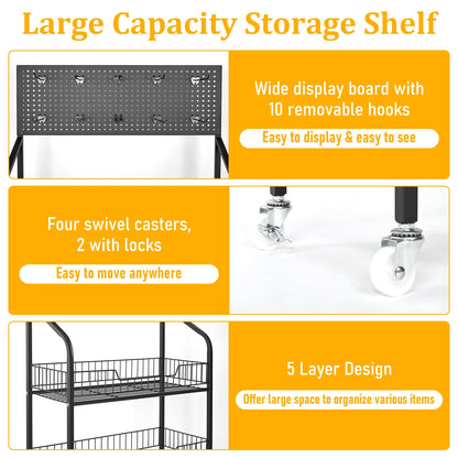 Qriocioa Retail Snack Display Stand,5-Tier Black Metal Storage Shelf Brackets with Wheels & Hooks,Metal Storage Shelves Heavy Duty, Retail Display Shelves Racks,Snack Organizer Stand Display Supplies