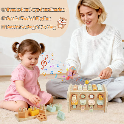 Wooden Montessori Toys for 1 Year Old, Pounding Hammering Toy with Xylophone & Fishing Game, Car Ramp Toy, Stacking Blocks & Shape Sorter 3 in 1 Wooden Toddler Toys 1 2 3 for Christmas Easter Gifts