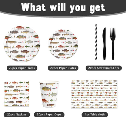 141Pcs Fishing Happy Birthday Party Decorations Fishman Birthday Plates and Napkins Forks Cups Cutlery Tablecloch Supplies Serve 20 Fishing Themed Party Tableware Set Decorations for Baby Shower Decor