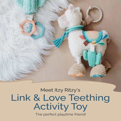 Itzy Ritzy Link & Love Toy for Stroller or Car Seat – Features Textured Ribbons, Crinkle Sounds, Clinking Rings & Silicone Teether – Designed For Ages 0 Months and Up (Llama)