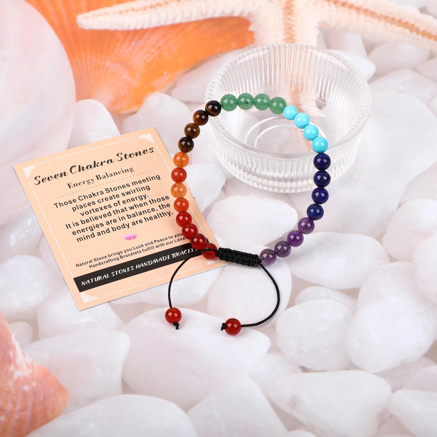 AD Beads 6mm Seven Chakra - Energy Balancing - Handmade Natural Stone Crystal Bracelet with Adjustable Macrame String - Yoga Healing Power Energy Gifts for Men and Women