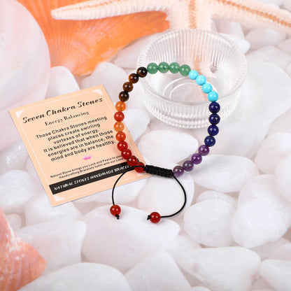 AD Beads 6mm Seven Chakra - Energy Balancing - Handmade Natural Stone Crystal Bracelet with Adjustable Macrame String - Yoga Healing Power Energy Gifts for Men and Women