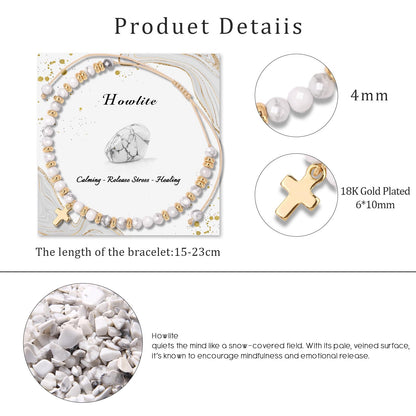 Raicegs Braided Howlite Cross Crystal Bracelet Natural Stone Beaded Bracelet for Women Faith Jewelry Healing Bracelet Christian Gifts for Women Religious Gifts